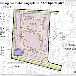 ...ist an dieser Stelle Wohnbebauung vorgesehen, die Fußballplätze sollten nach damaliger Vorstellung an den Ortsrand verlegt werden, denn ein weiteres Wohnquartier ist wegen der Fluglärmbeschränkungen nur innerhalb der Ortsgrenzen möglich.